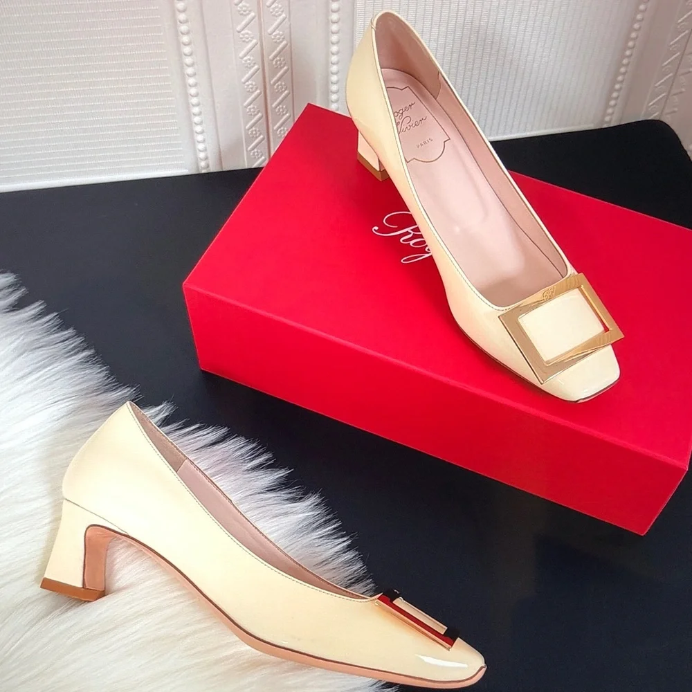 Roger Vivier Cream Square Buckle Mid Heel Pumps